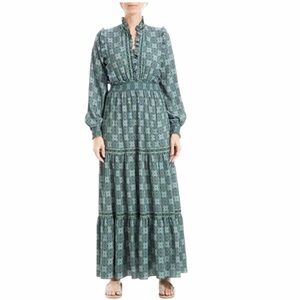 NWT! Max Studio Dark Green Cottagecore TIERED LONG SLEEVE MAXI DRESS Size Medium